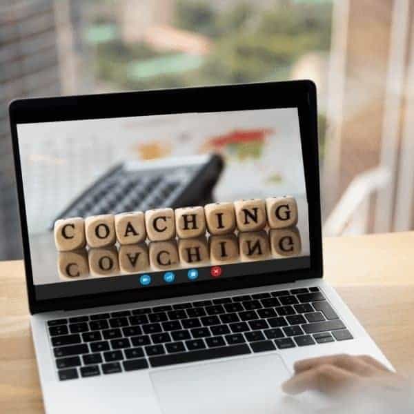 Sleep Well Coach Training self-study course image showing a laptop with the word “Coaching,” symbolising online certification and learning.