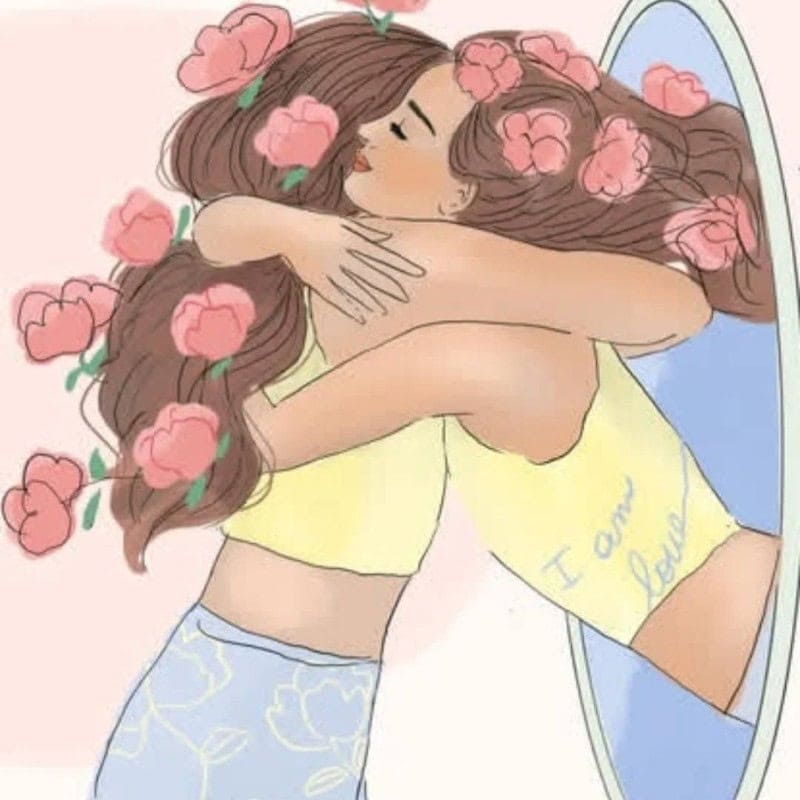 Hugging women with flowers in hair, showing love and emotional connection.