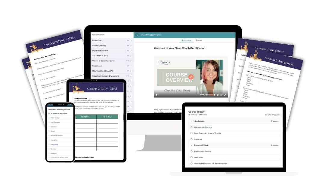 Sleep Well Coach training materials displayed on various devices for online certification.